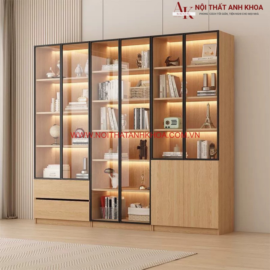 Kệ tủ trang trí gỗ công nghiệp cánh kính khung xingfa chắc chắn Kệ tủ trang trí gỗ công nghiệp cánh kính khung xingfa chắc chắn