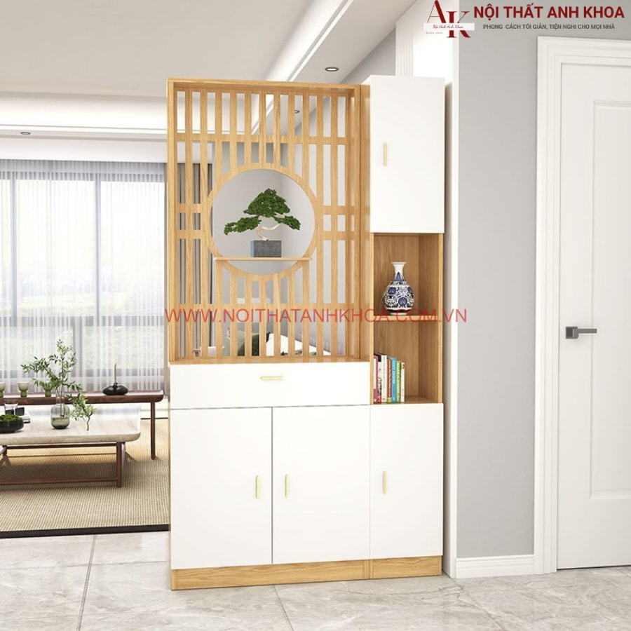 Kệ vách ngăn phòng khách gỗ công nghiệp màu trắng phối vàng đẹp hiện đại Kệ vách ngăn phòng khách gỗ công nghiệp màu trắng phối vàng đẹp hiện đại