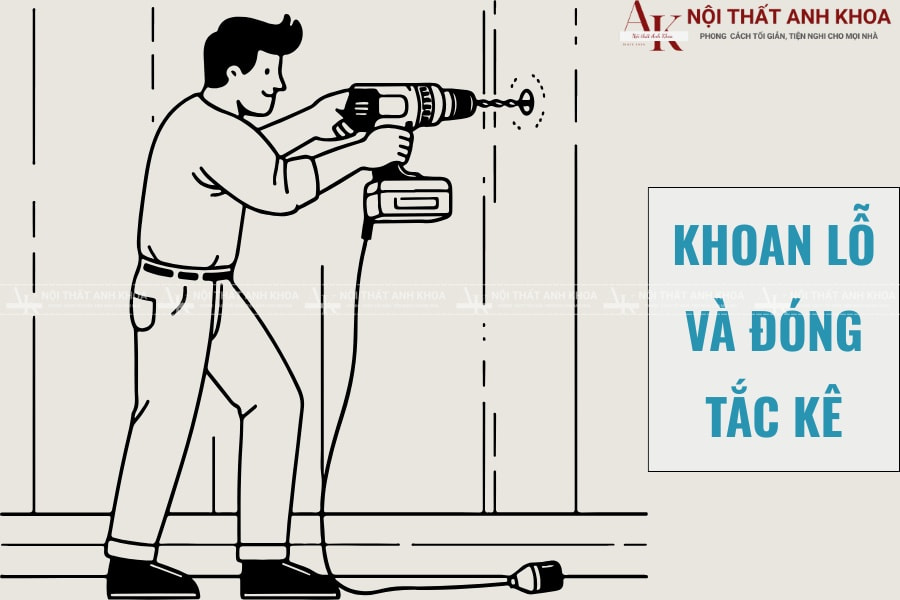 Khoan lỗ và đóng tắc kê kệ tivi treo tường Khoan lỗ và đóng tắc kê kệ tivi treo tường