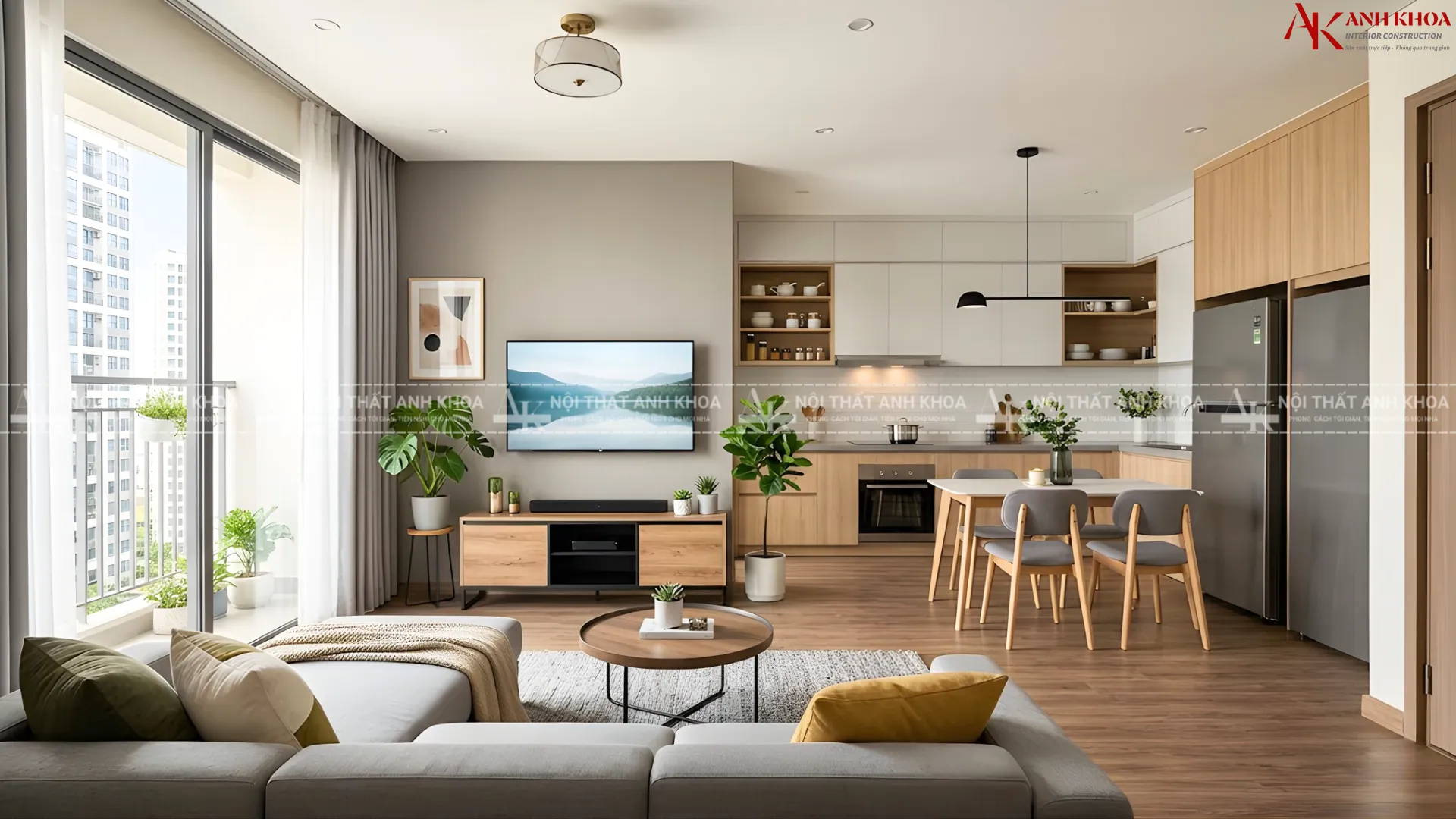 Mẫu thiết kế phong khách liền bếp mang gam màu ấm cúng Mẫu thiết kế phong khách liền bếp mang gam màu ấm cúng