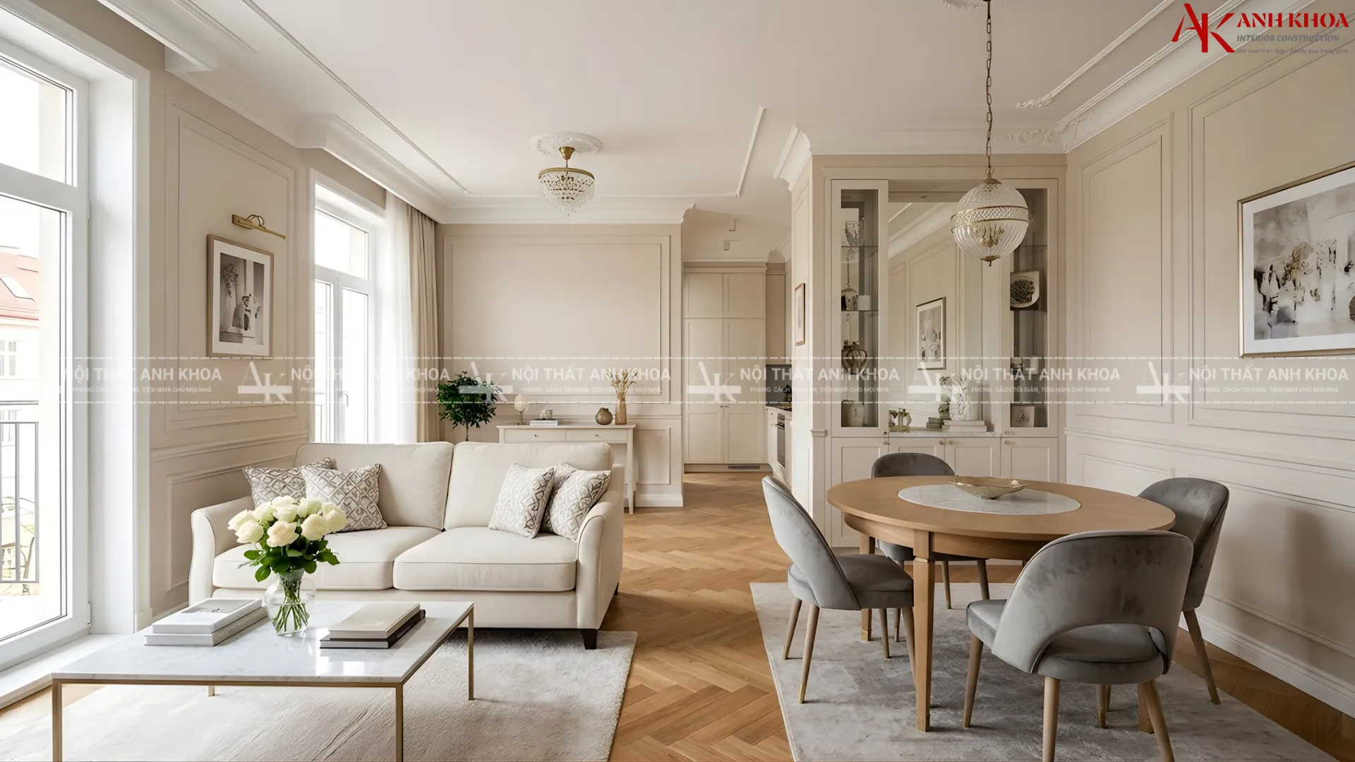 Màu trắng kem chủ đạo, phào chỉ tường tinh tế, sofa chữ U bề thế Màu trắng kem chủ đạo, phào chỉ tường tinh tế, sofa chữ U bề thế