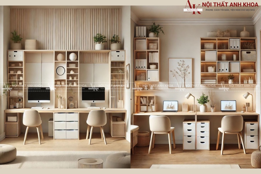 Mẫu bàn học đôi hiện đại tích hợp giá sách Mẫu bàn học đôi hiện đại tích hợp giá sách