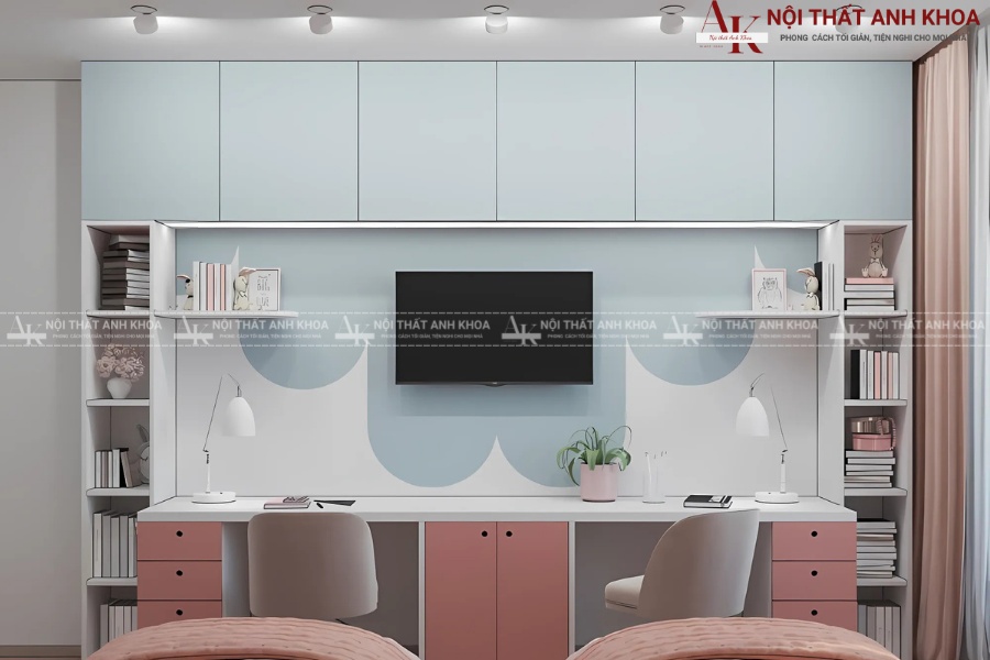 Mẫu bàn học đôi màu sắc pastel Mẫu bàn học đôi màu sắc pastel
