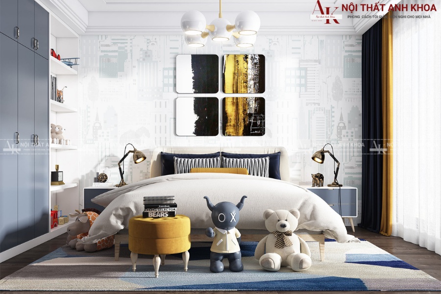 Phòng ngủ bé trai hiện đại với tone màu Pastel nhẹ nhàng Phòng ngủ bé trai hiện đại với tone màu Pastel nhẹ nhàng