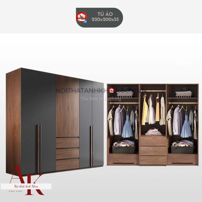 Tủ Quần Áo Gỗ Công Nghiệp Màu Nâu Phối Xám Hiện Đại Sang Trọng