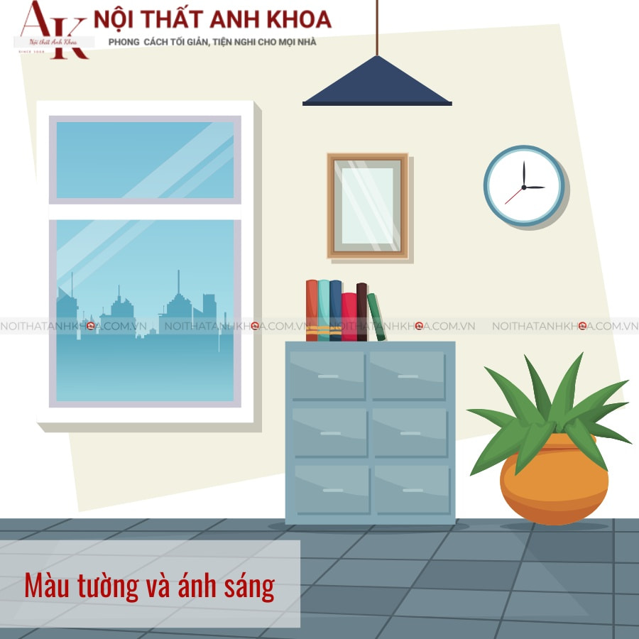 Màu tường và ánh sáng kết hợp giường ngủ với nội thất tối giản Màu tường và ánh sáng kết hợp giường ngủ với nội thất tối giản