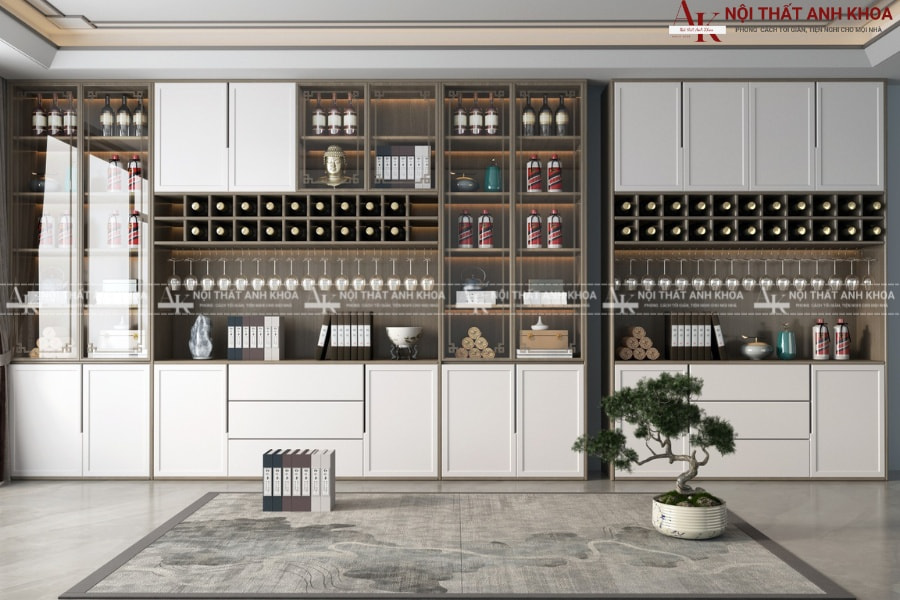 Mẫu tủ rượu gỗ công nghiệp gam màu vân gỗ phối trắng tinh tế Mẫu tủ rượu gỗ công nghiệp gam màu vân gỗ phối trắng tinh tế