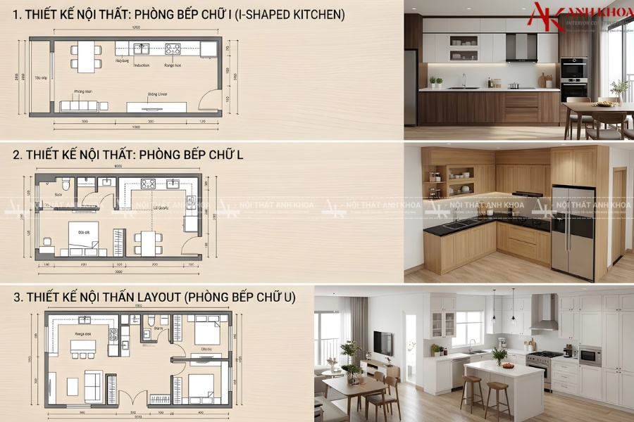 3 layout bếp chữ I, L, U đặt trong các mặt bằng khác nhau 3 layout bếp chữ I, L, U đặt trong các mặt bằng khác nhau