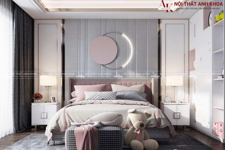 Phòng ngủ bé gái với gam màu trung tính hiện đại Phòng ngủ bé gái với gam màu trung tính hiện đại