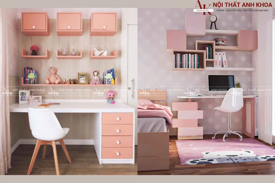 Phối hợp bàn học màu hồng với nội thất phòng bé gái Phối hợp bàn học màu hồng với nội thất phòng bé gái