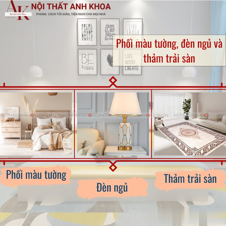 Phối màu tường, đèn ngủ, thảm trải sàn của giường ngủ Phối màu tường, đèn ngủ, thảm trải sàn của giường ngủ