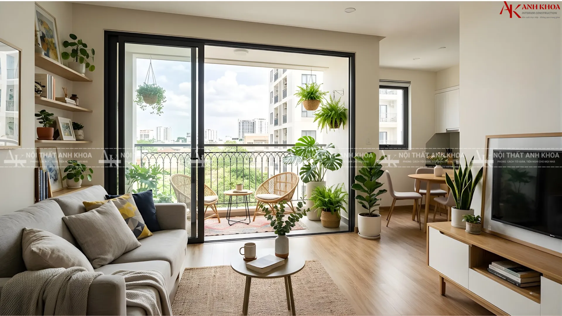 Thiết kế phòng khách mở ra ban công với hệ cửa kính lùa thoáng đãng Thiết kế phòng khách mở ra ban công với hệ cửa kính lùa thoáng đãng