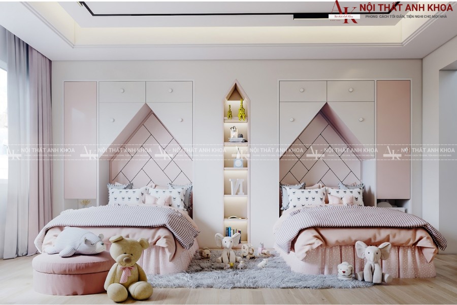 Mẫu phòng ngủ 2 giường cho bé gái tông hồng dễ thương Mẫu phòng ngủ 2 giường cho bé gái tông hồng dễ thương