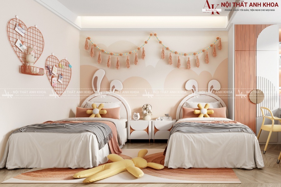 Thiết kế phòng ngủ 2 giường cho bé gái tiện nghi và dễ thương Thiết kế phòng ngủ 2 giường cho bé gái tiện nghi và dễ thương