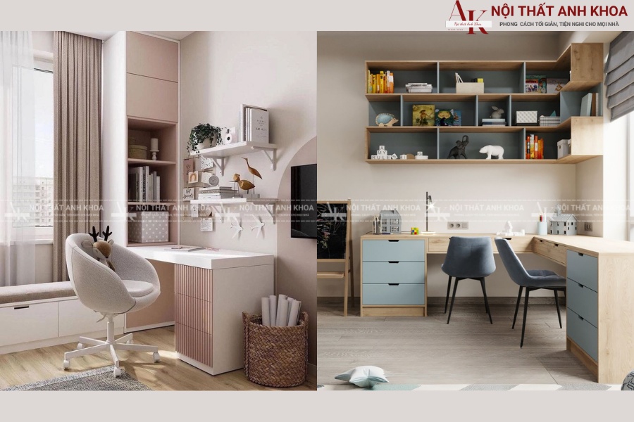 Phù hợp nhiều phong cách thiết kế với bàn học góc tường Phù hợp nhiều phong cách thiết kế với bàn học góc tường