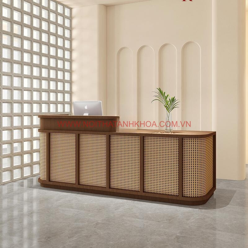 Quầy lễ tân gỗ công nghiệp đan mây đẹp hiện đại, sang trọng  Quầy lễ tân gỗ công nghiệp đan mây đẹp hiện đại, sang trọng