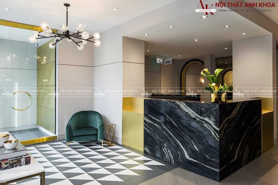 Quầy lễ tân đá và kính cường lực – sang trọng và hiện đại Quầy lễ tân đá và kính cường lực – sang trọng và hiện đại