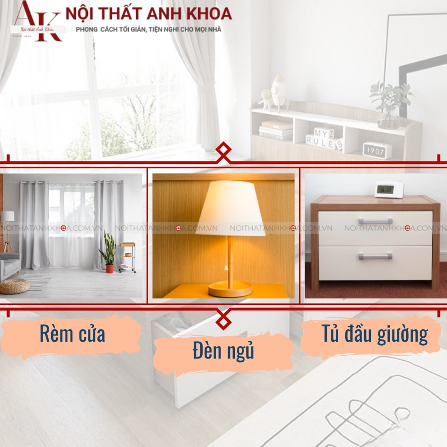 Tủ đầu giường, đèn ngủ, rèm cửa kết hợp với giường ngủ Tủ đầu giường, đèn ngủ, rèm cửa kết hợp với giường ngủ
