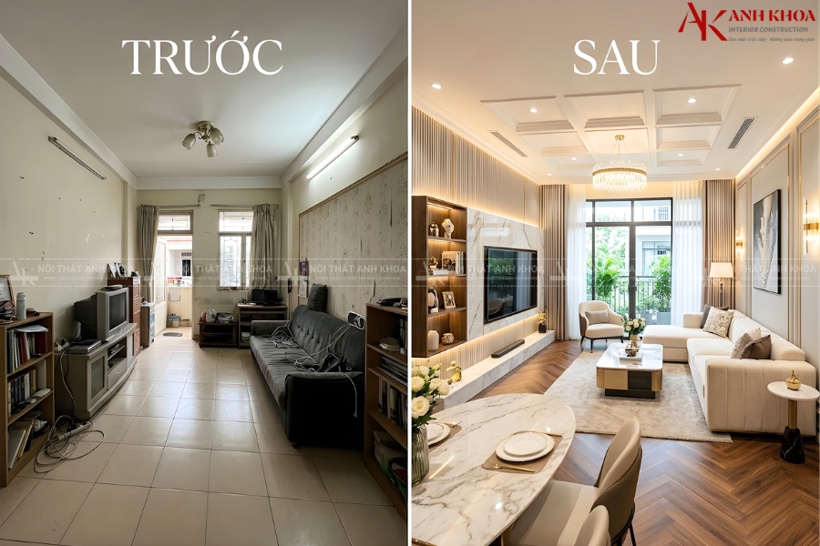 So sánh trước và sau một phòng khách nhà phố được thiết kế nội thất So sánh trước và sau một phòng khách nhà phố được thiết kế nội thất