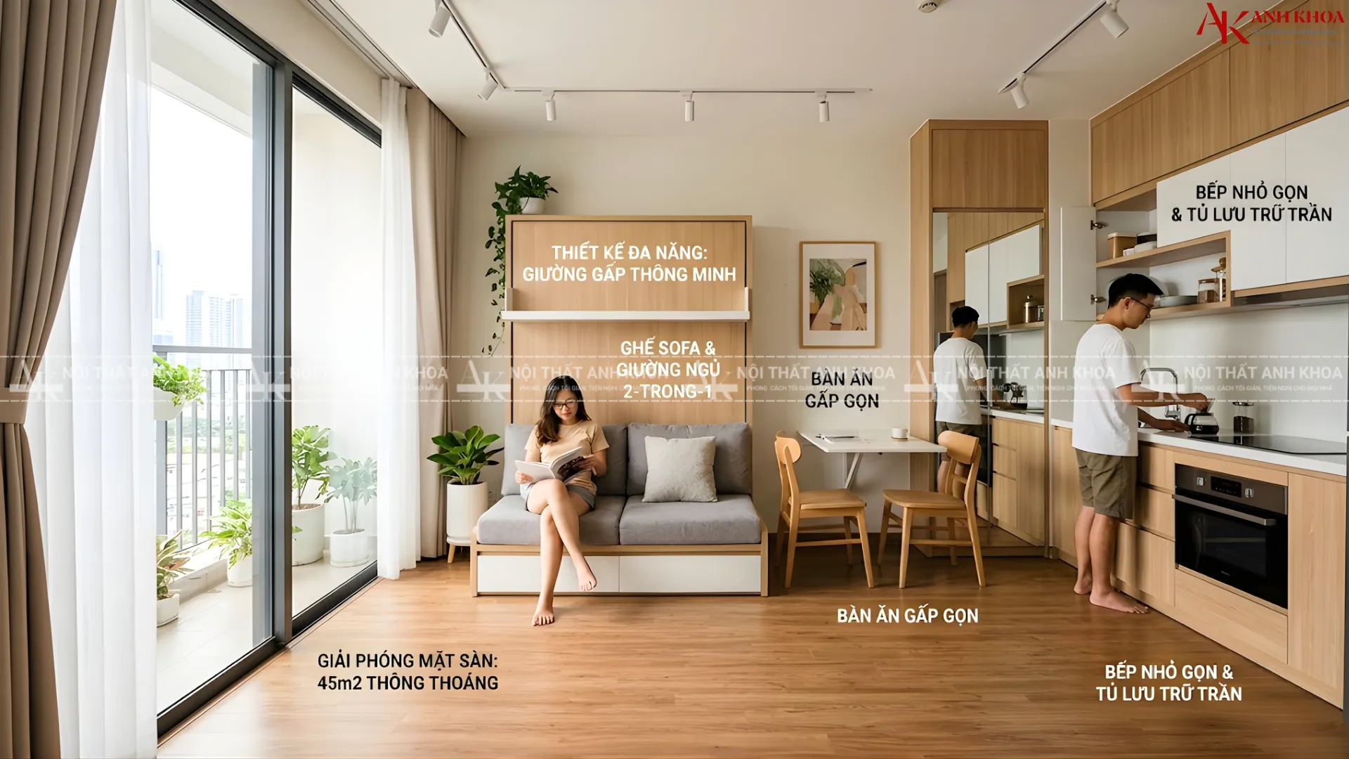 Phòng ngủ nhỏ 45m2 sử dụng nội thất đa năng Phòng ngủ nhỏ 45m2 sử dụng nội thất đa năng