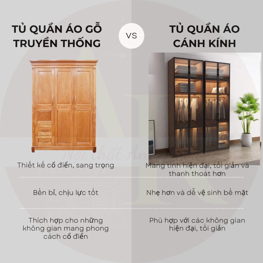 Tủ quần áo gỗ truyền thống và tủ quần áo cánh kính Tủ quần áo gỗ truyền thống và tủ quần áo cánh kính