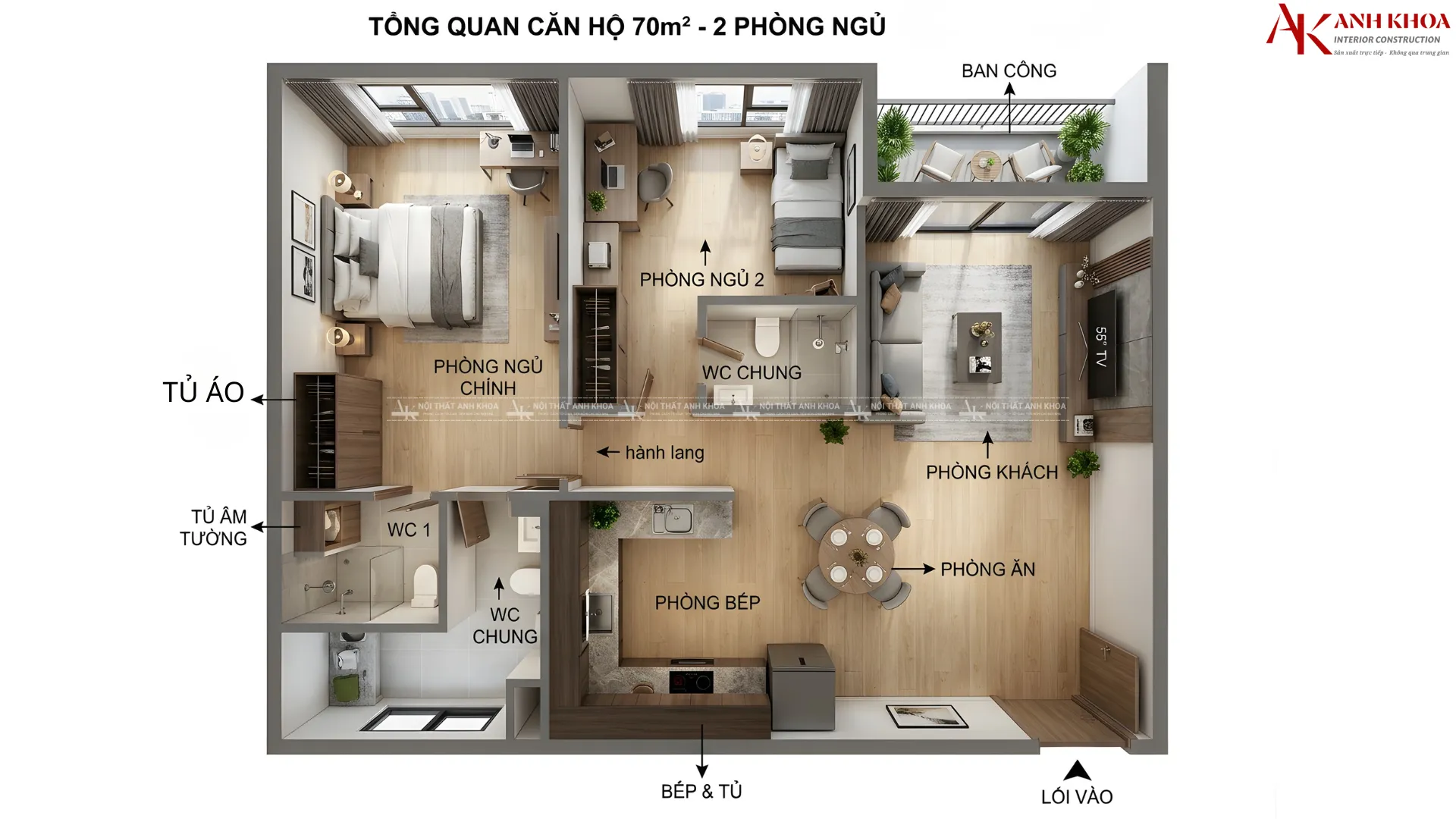 Tổng quan căn hộ 70m2 2 phòng ngủ phong cách hiện đại Tổng quan căn hộ 70m2 2 phòng ngủ phong cách hiện đại
