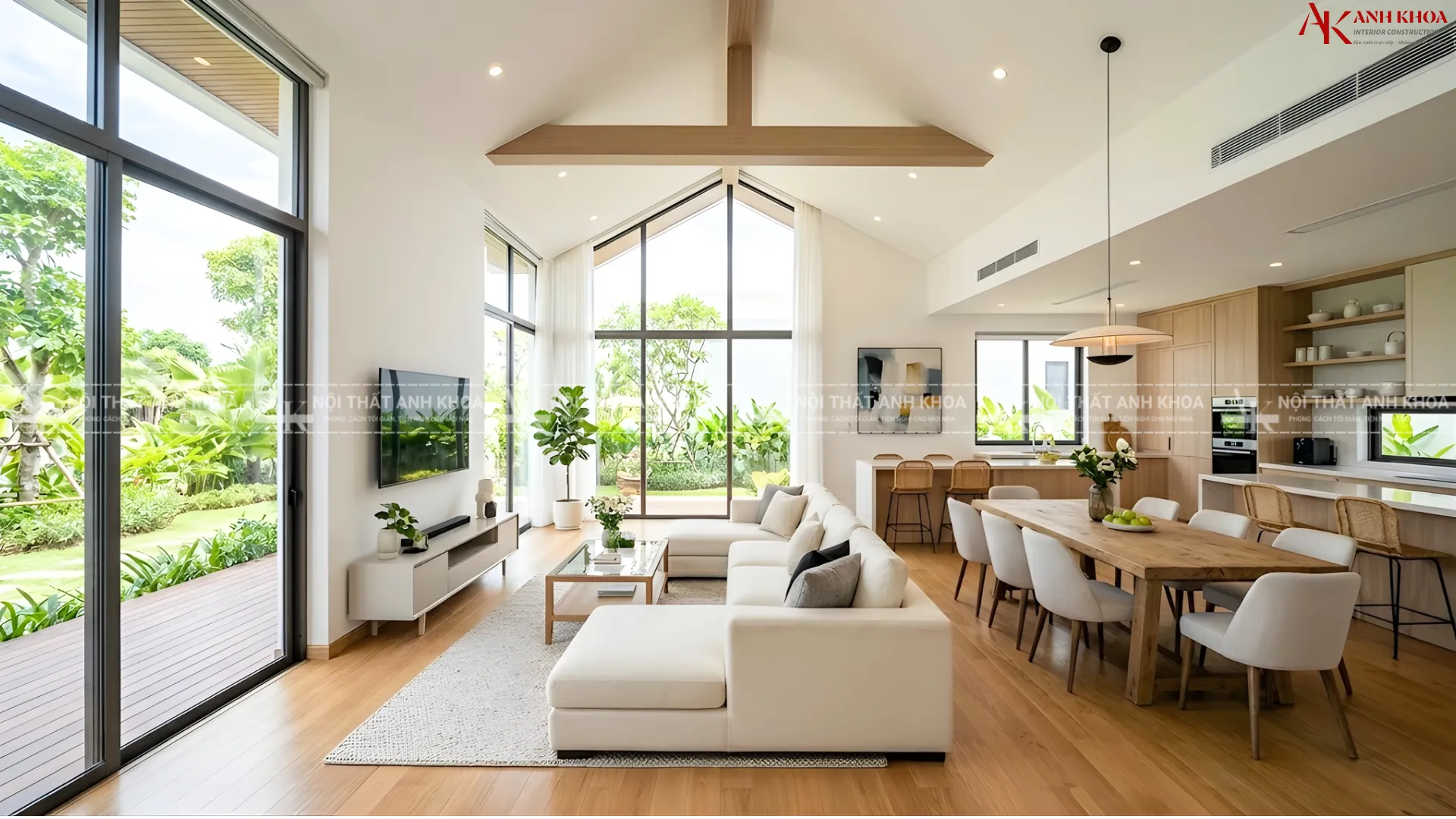 Bố trí không gian nhà ở hiện đại với tone màu sáng và cửa sổ lớn Bố trí không gian nhà ở hiện đại với tone màu sáng và cửa sổ lớn