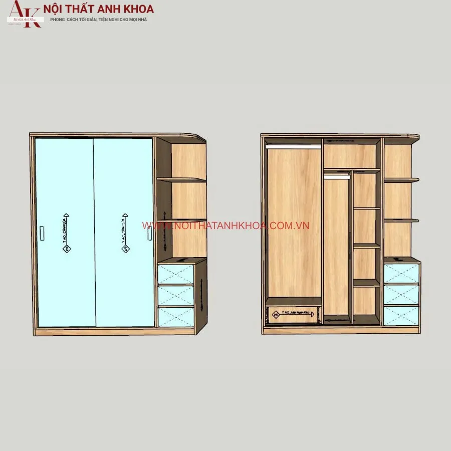 Tủ Quần Áo Gỗ Công Nghiệp 2 Cánh Cửa Lùa