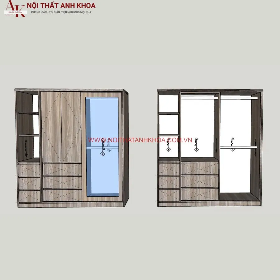 Tủ Quần Áo Cửa Lùa Gỗ MDF Kết Hợp Cánh Kính Đẹp Giá Rẻ