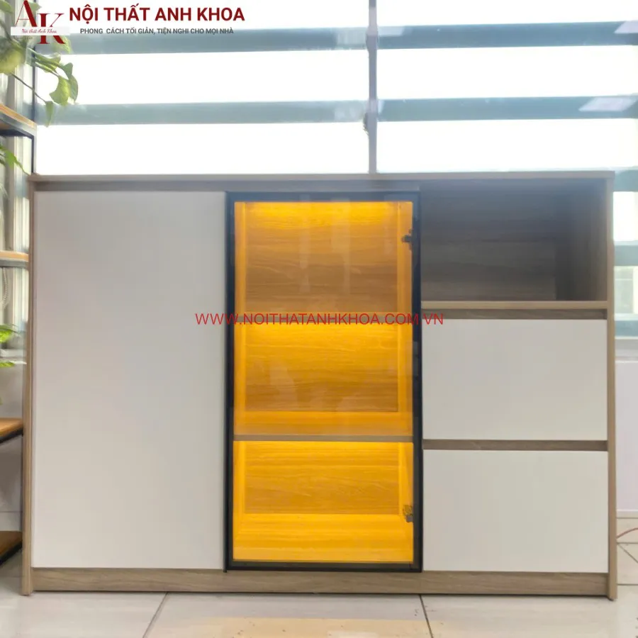 Tủ Nhà Bếp Đa Năng Gỗ MDF Kết Hợp Cánh Kính Đẹp Hiện Đại
