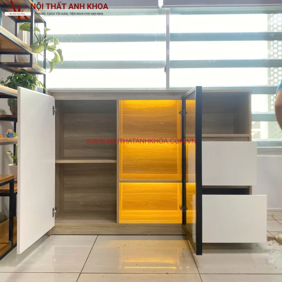 Tủ Nhà Bếp Đa Năng Gỗ MDF Kết Hợp Cánh Kính Đẹp Hiện Đại