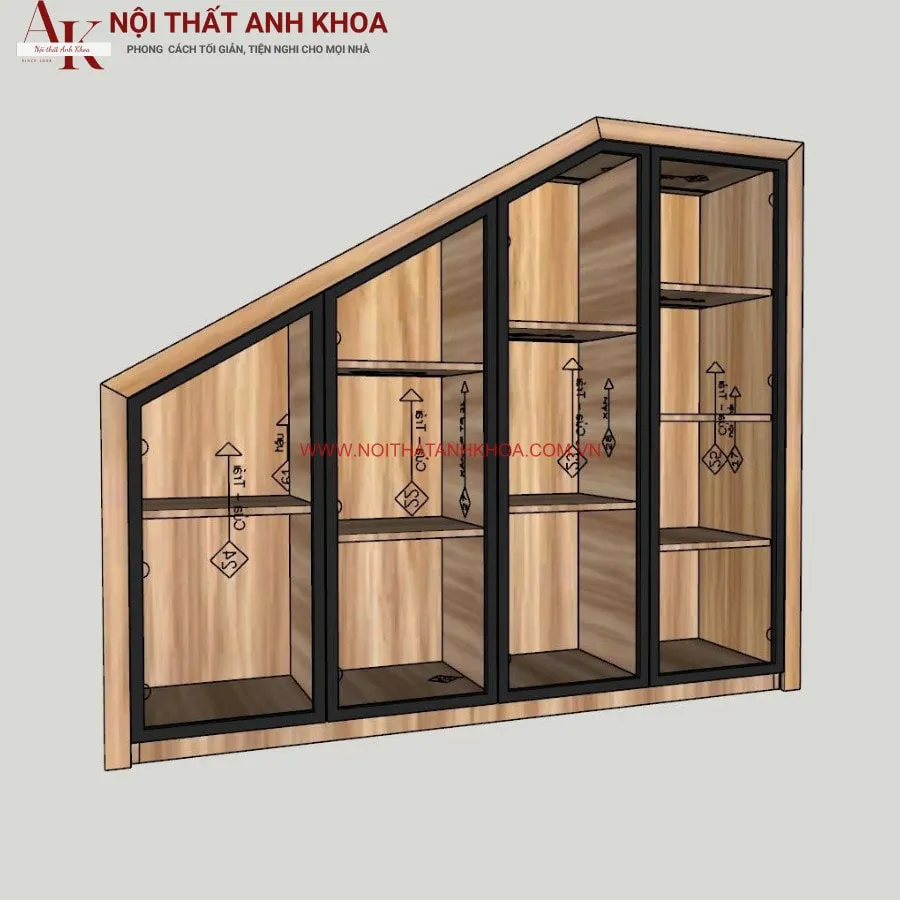 Tủ Gầm Cầu Thang Gỗ MDF Kết Hợp Cánh Kính Và Đèn Led