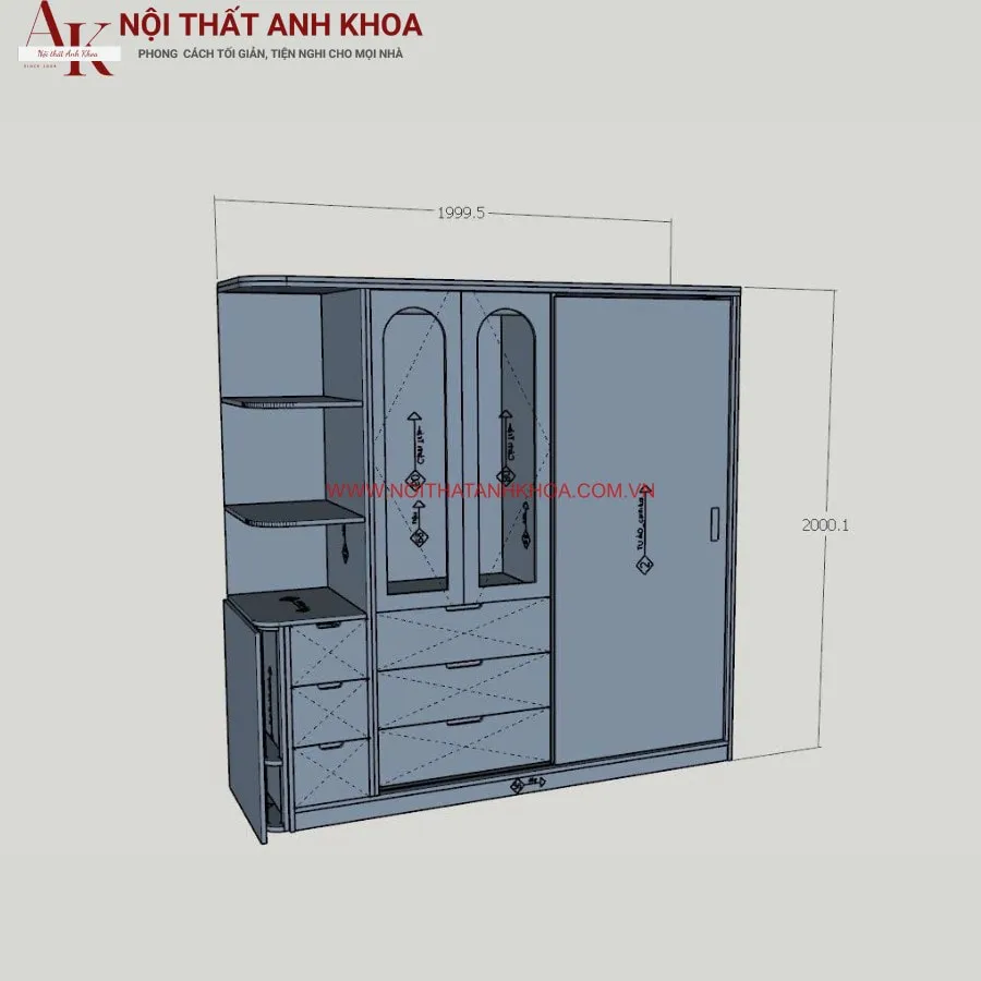 Tủ Quần Áo Cánh Kính Gỗ Công Nghiệp Đẹp Hiện Đại