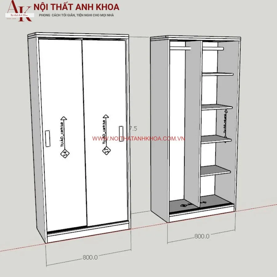 Tủ Quần Áo Cửa Lùa 2 Cánh Đơn Giản Giá Rẻ