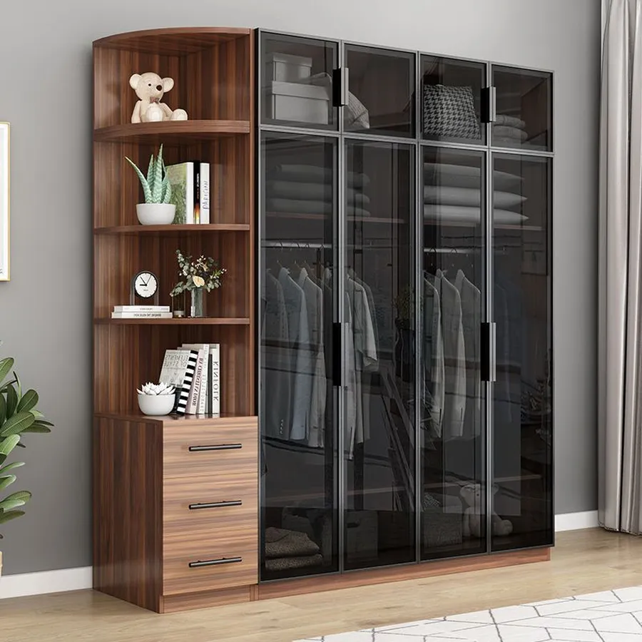 Tủ Quần Áo Cánh Kính Màu Nâu Vân Gỗ Phối Kính Đen Hiện Đại