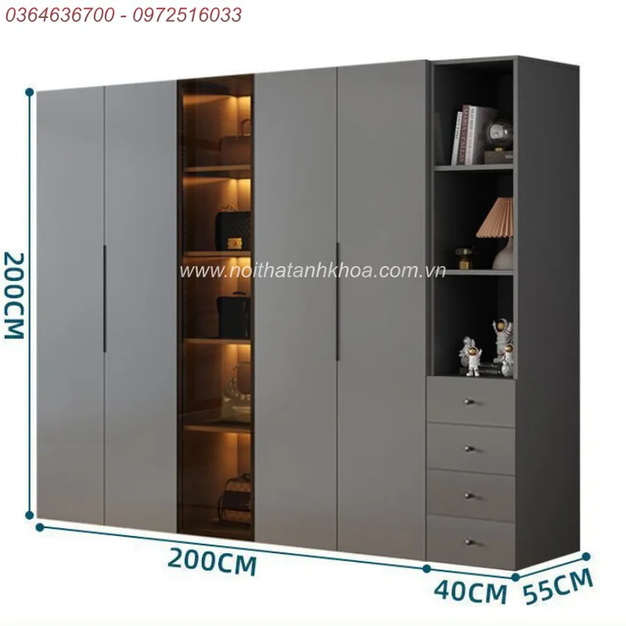 Tủ Quần Áo Cánh Kính Xám Chì Có LED Đẹp Hiện Đại