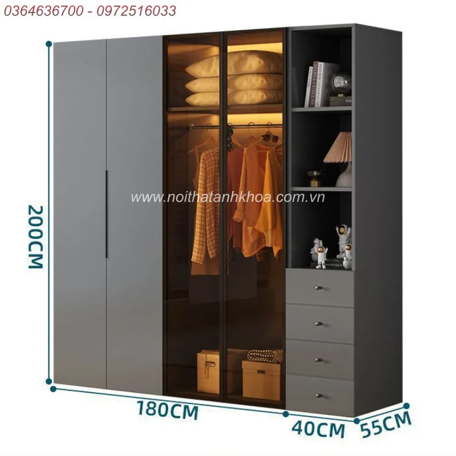 Tủ Quần Áo Cánh Kính Xám Chì Có LED Đẹp Hiện Đại