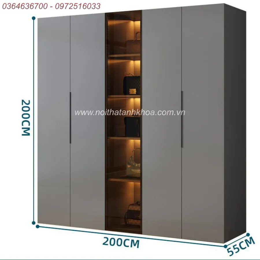 Tủ Quần Áo Cánh Kính Xám Chì Có LED Đẹp Hiện Đại