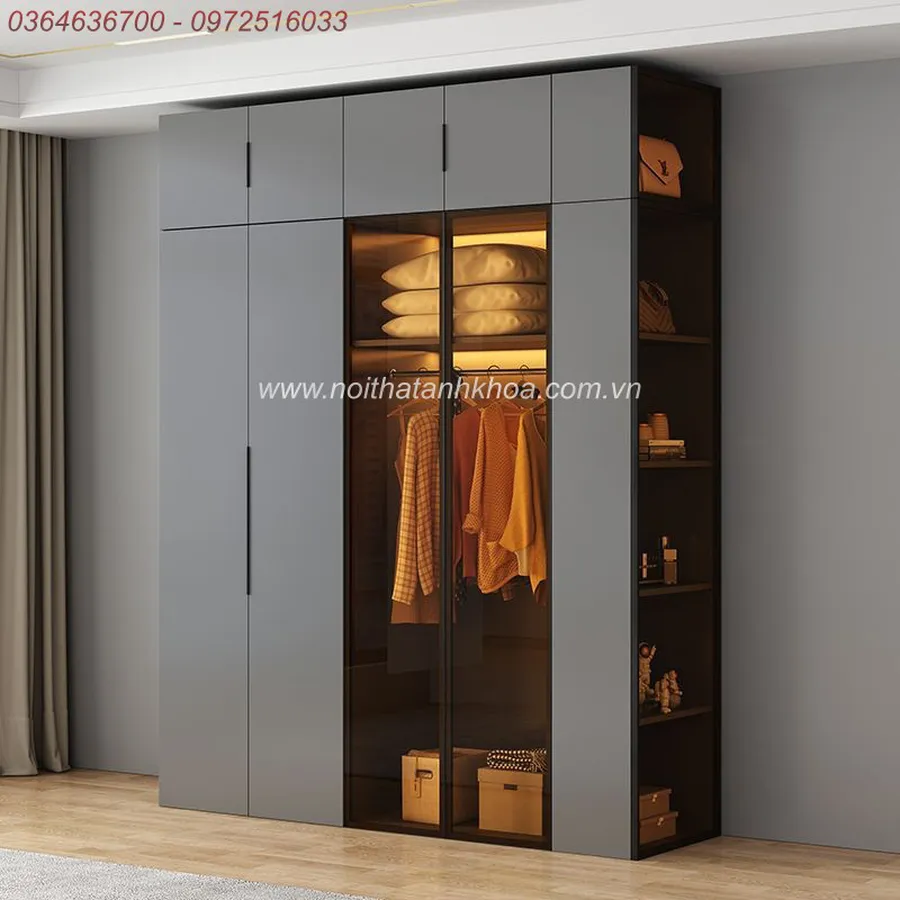 Tủ Quần Áo Cánh Kính Xám Chì Có LED Đẹp Hiện Đại
