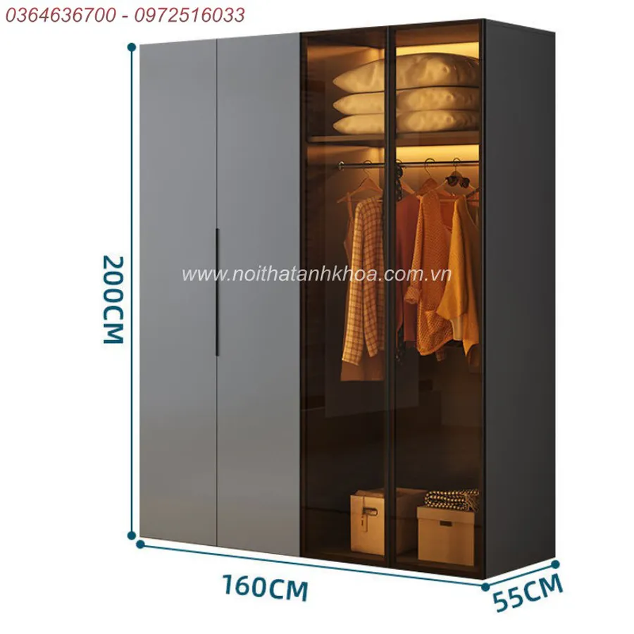 Tủ Quần Áo Cánh Kính Xám Chì Có LED Đẹp Hiện Đại