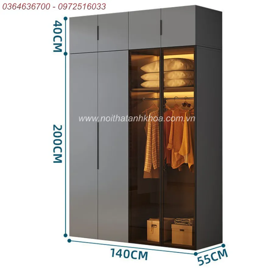 Tủ Quần Áo Cánh Kính Xám Chì Có LED Đẹp Hiện Đại