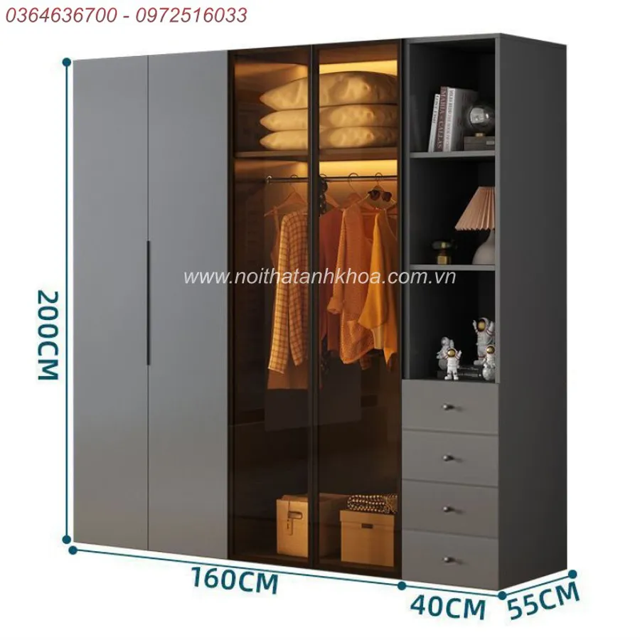 Tủ Quần Áo Cánh Kính Xám Chì Có LED Đẹp Hiện Đại