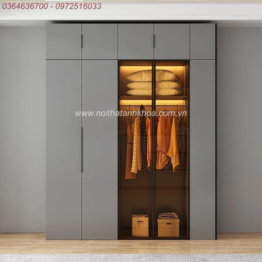 Tủ Quần Áo Cánh Kính Xám Chì Có LED Đẹp Hiện Đại