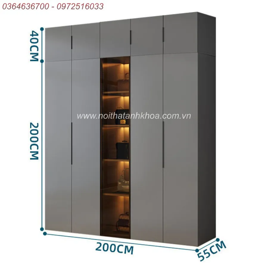 Tủ Quần Áo Cánh Kính Xám Chì Có LED Đẹp Hiện Đại