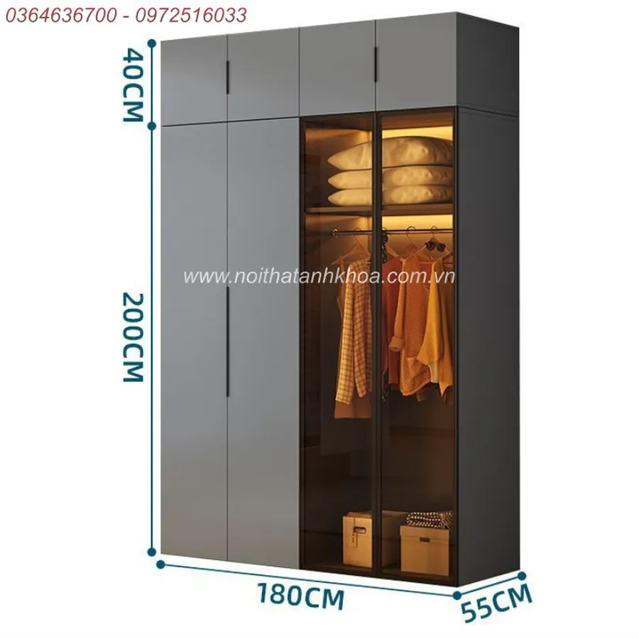 Tủ Quần Áo Cánh Kính Xám Chì Có LED Đẹp Hiện Đại