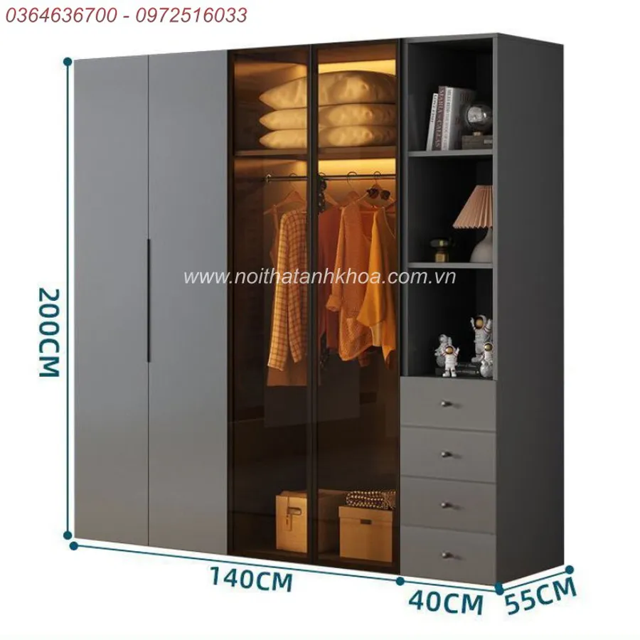 Tủ Quần Áo Cánh Kính Xám Chì Có LED Đẹp Hiện Đại