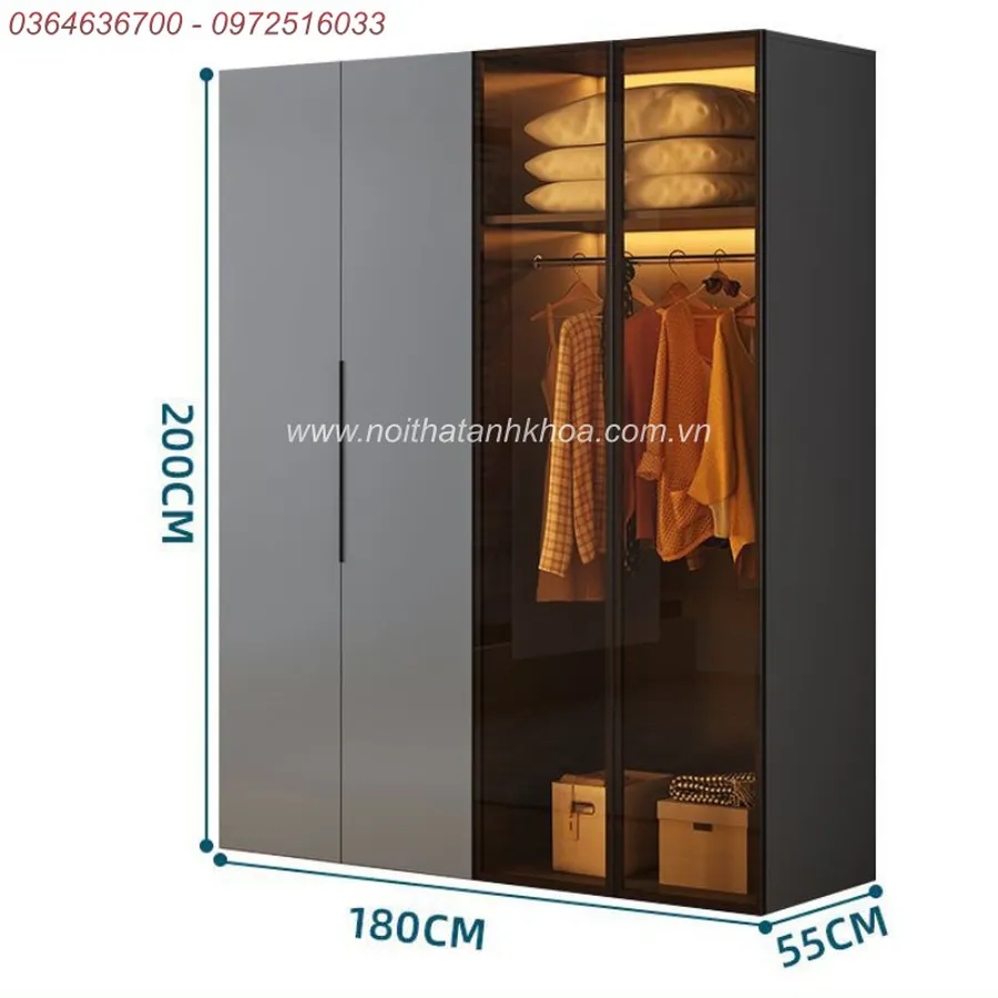 Tủ Quần Áo Cánh Kính Xám Chì Có LED Đẹp Hiện Đại