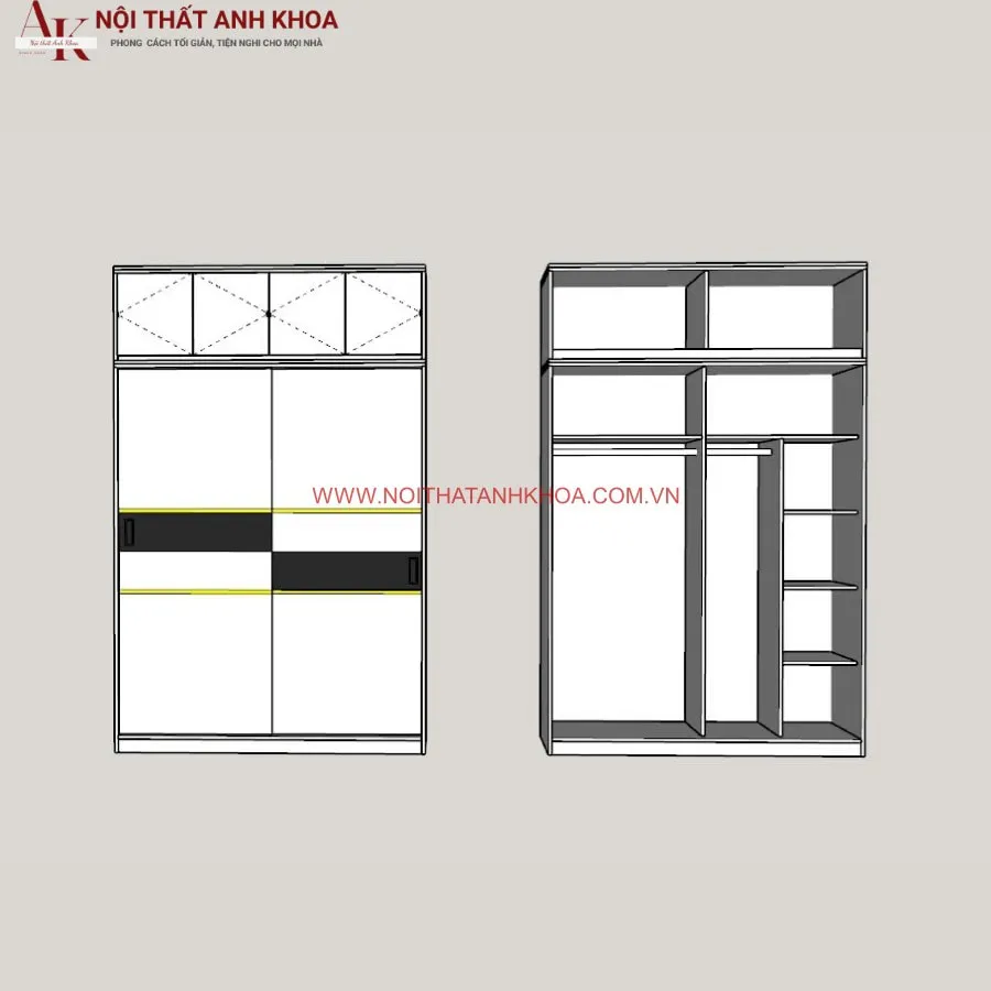 Tủ Quần Áo Cửa Lùa 2 Cánh Màu Trắng Phối Viền Đen Đẹp Hiện Đại
