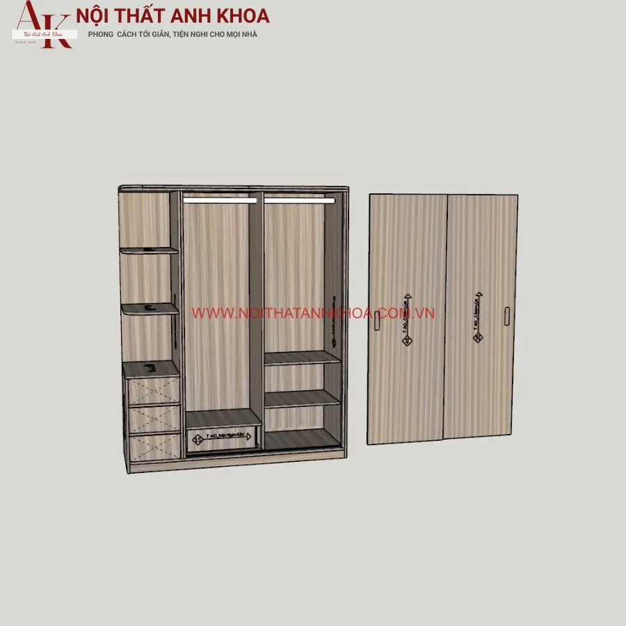 Tủ Quần Áo Cửa Kéo Màu Nâu Vân Gỗ Phối Sọc Trắng Giá Rẻ