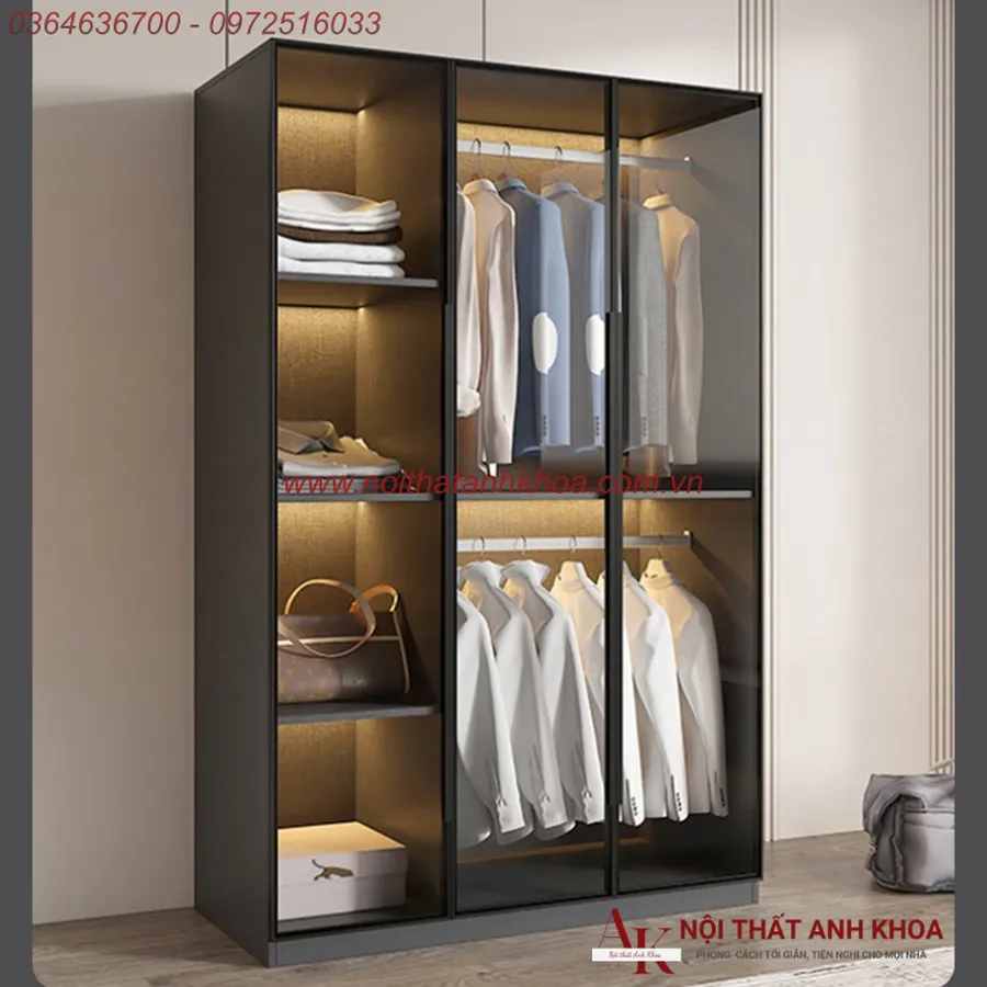 Tủ Quần Áo Cánh Kính Gỗ MDF Có Đèn LED Cao Cấp Đẹp Hiện Đại
